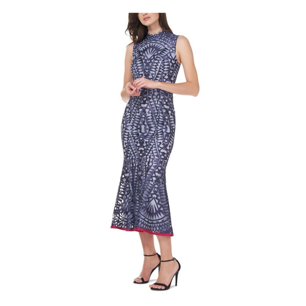 NWT JS COLLECTION Womens Blue Zippered Mock Neck Midi Formal Mermaid Dress 2